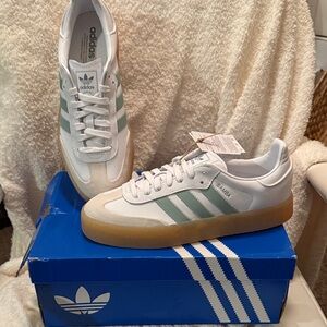 Adidas Women's White and Light Green Sambae Sneakers